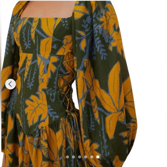 FARM RIO Foliage Sketch Green LongSleeve Linen MiniDress Tropical Lace-Up XL NWT - Picture 2 of 16